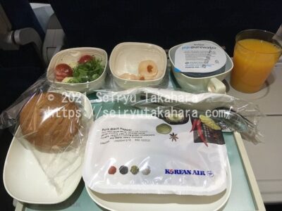 台北に戻る飛行機の機内食、中身はチキンでした